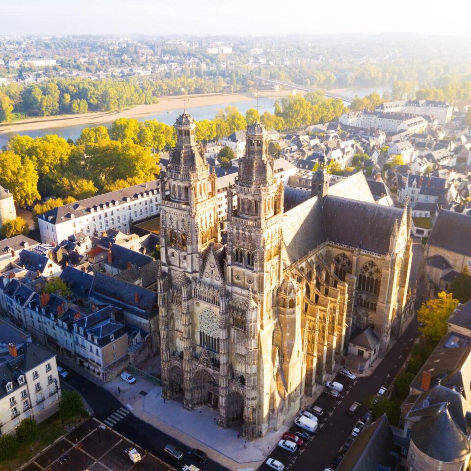 View from drone of Cathedral of St Gatien, Tours, France, on sunrise